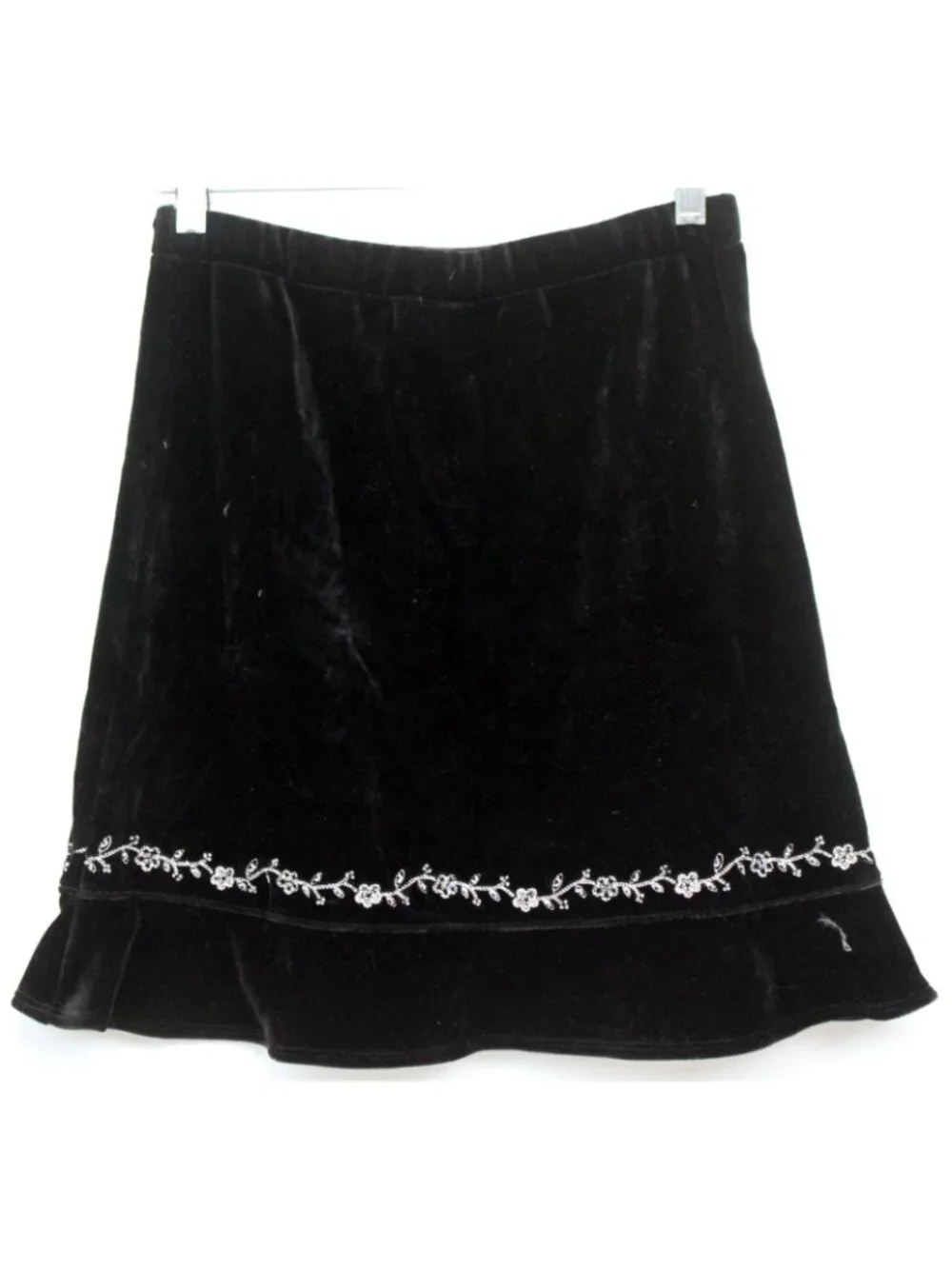 Land's End Black Velvet Skirt girls sz 14 Embroidered Beaded Ruffle Holiday NEW